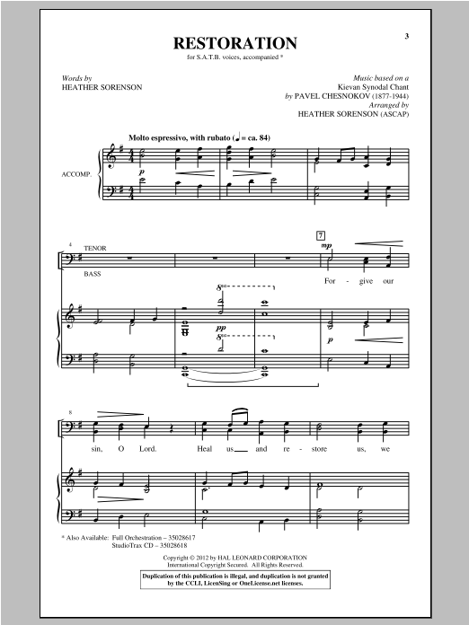 Heather Sorenson Restoration sheet music, chords, lyrics - Printable PDF for SATB