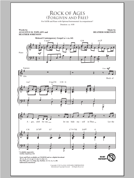 Heather Sorenson Rock Of Ages (Forgiven And Free) sheet music, chords, lyrics - Printable PDF for SATB