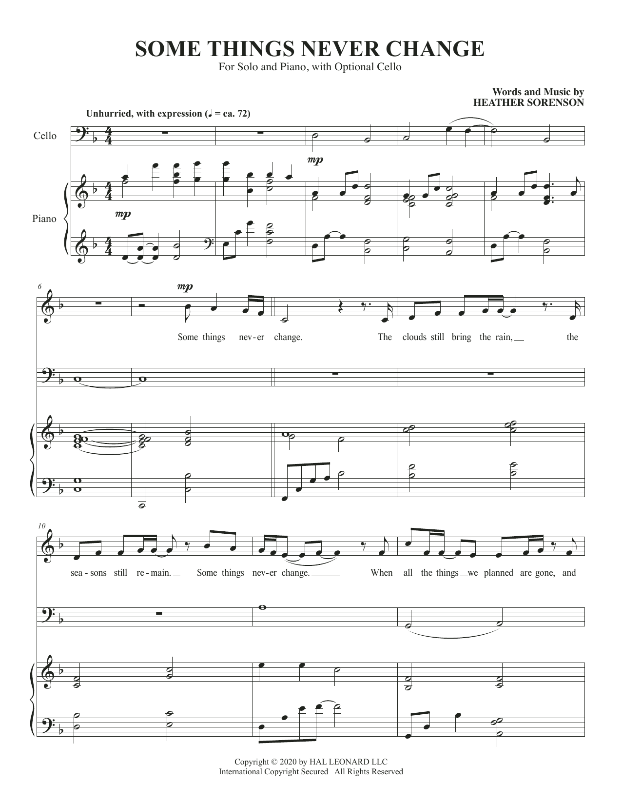 Heather Sorenson Some Things Never Change (for High Voice and Cello) sheet music, chords, lyrics - Printable PDF for Piano & Vocal