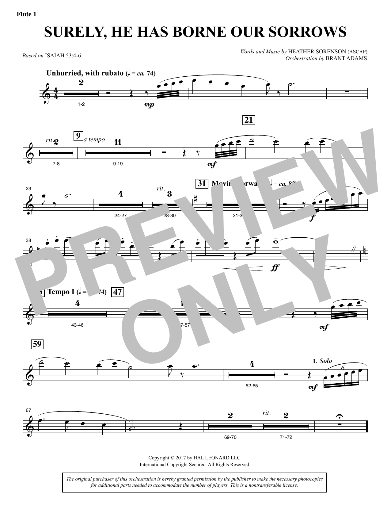 Heather Sorenson Surely, He Has Borne Our Sorrows - Flute 1 sheet music, chords, lyrics - Printable PDF for Choir Instrumental Pak