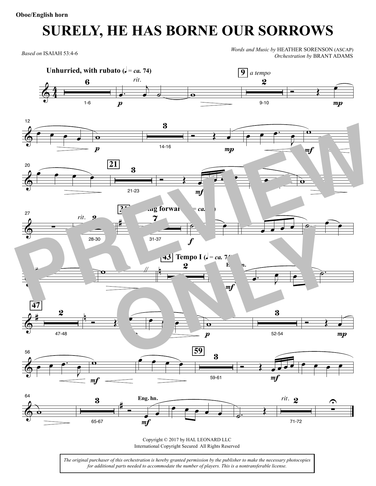 Heather Sorenson Surely, He Has Borne Our Sorrows - Oboe/English Horn sheet music, chords, lyrics - Printable PDF for Choir Instrumental Pak