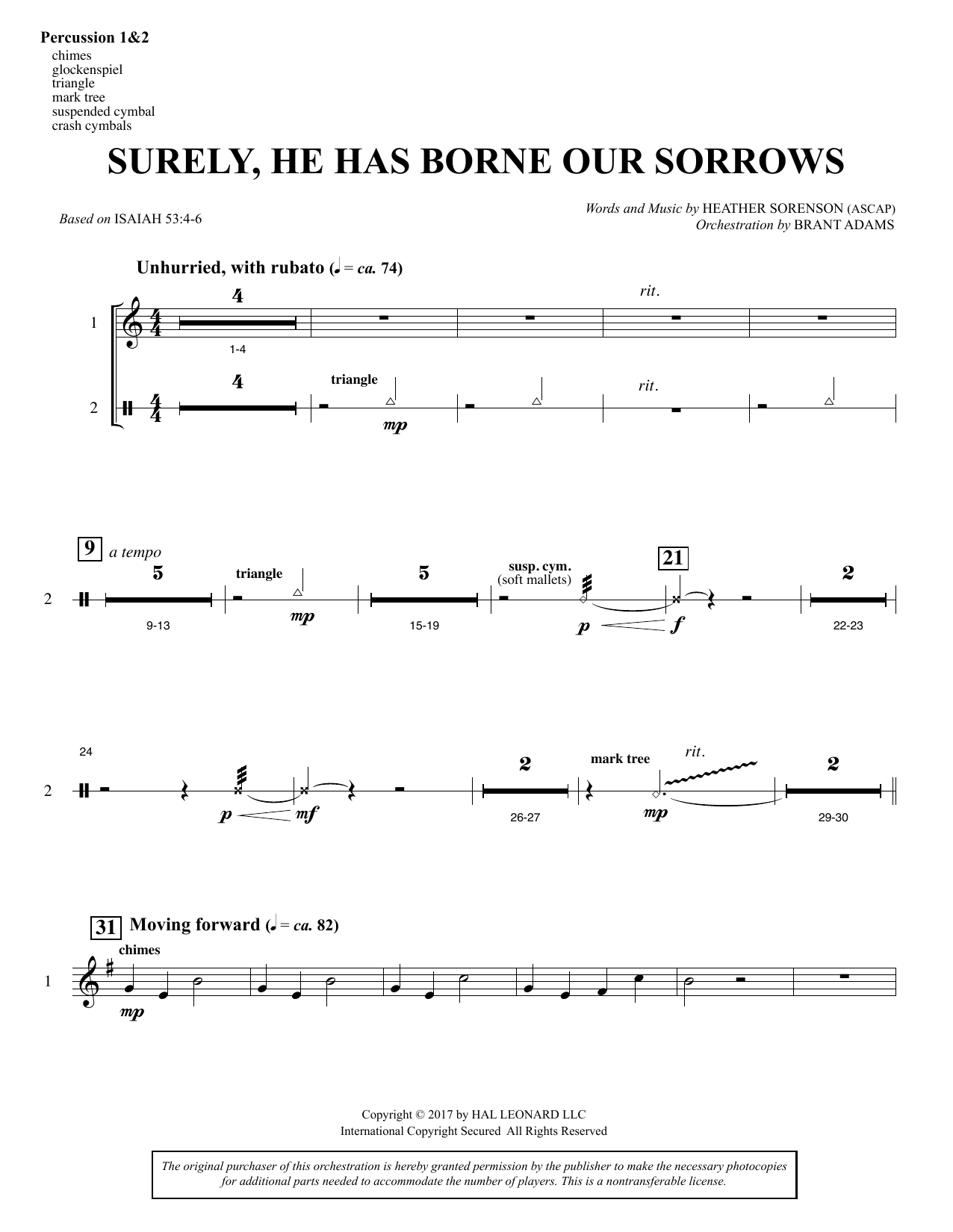 Heather Sorenson Surely, He Has Borne Our Sorrows - Percussion 1 & 2 sheet music, chords, lyrics - Printable PDF for Choir Instrumental Pak