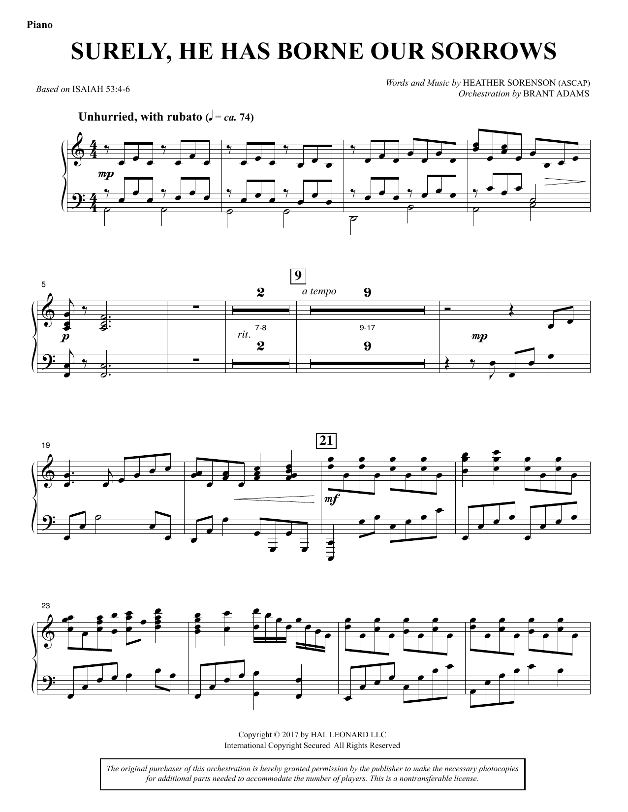Heather Sorenson Surely, He Has Borne Our Sorrows - Piano sheet music, chords, lyrics - Printable PDF for Choir Instrumental Pak
