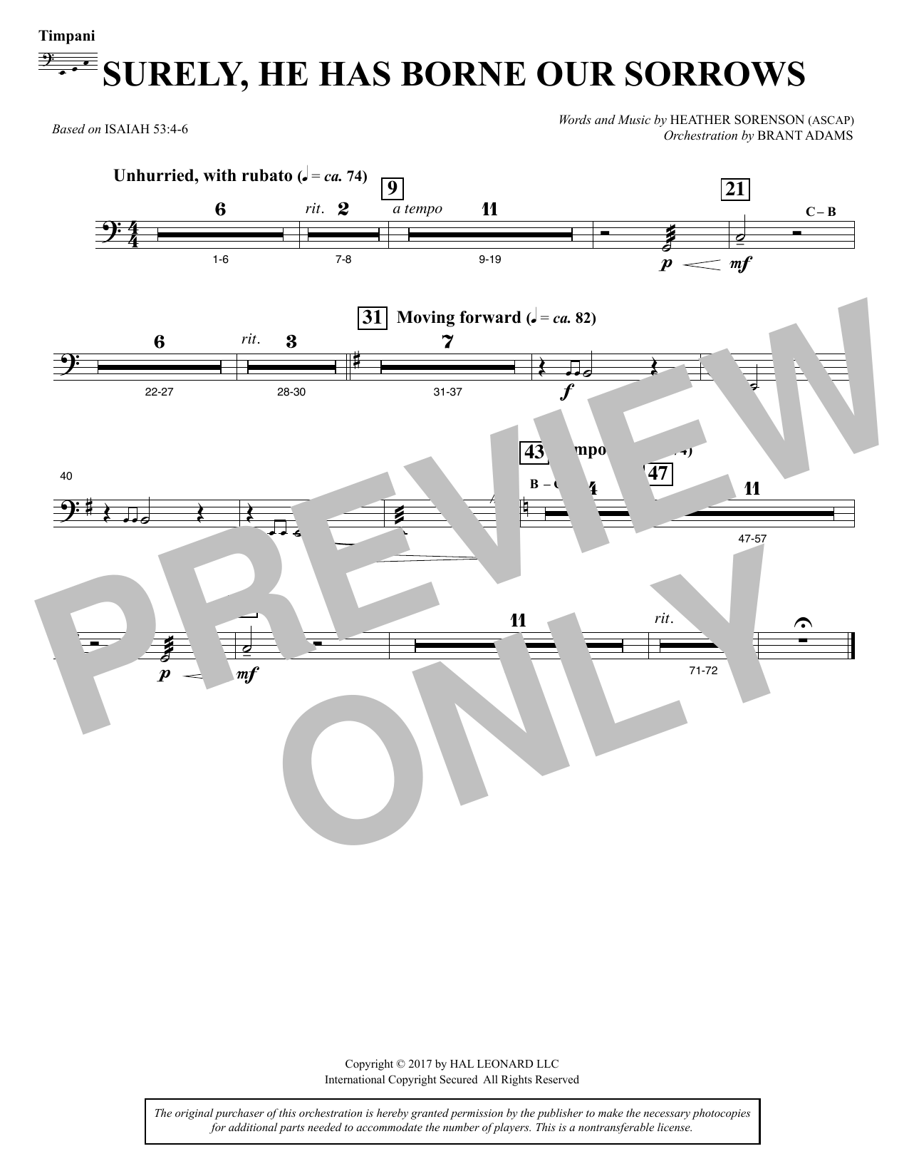 Heather Sorenson Surely, He Has Borne Our Sorrows - Timpani sheet music, chords, lyrics - Printable PDF for Choir Instrumental Pak