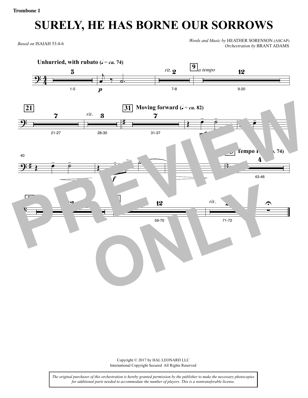 Heather Sorenson Surely, He Has Borne Our Sorrows - Trombone 1 sheet music, chords, lyrics - Printable PDF for Choir Instrumental Pak