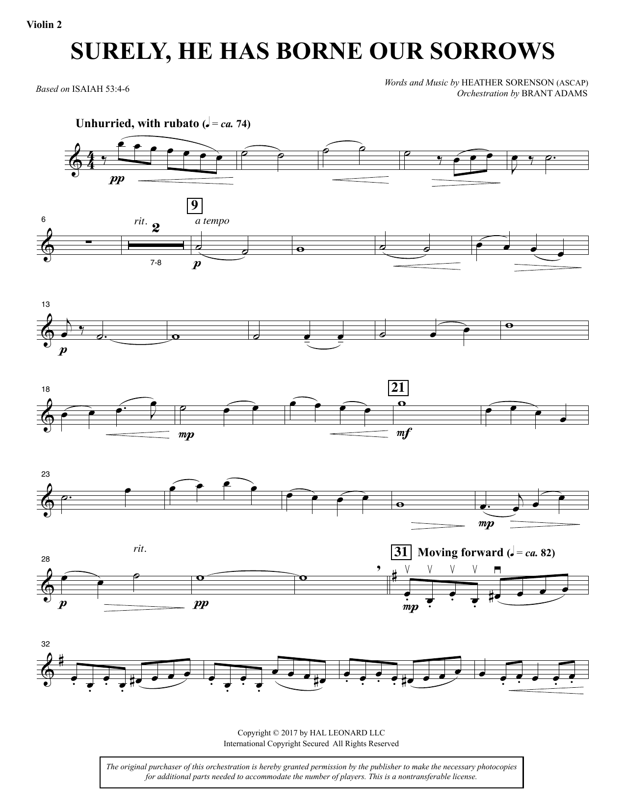 Heather Sorenson Surely, He Has Borne Our Sorrows - Violin 2 sheet music, chords, lyrics - Printable PDF for Choir Instrumental Pak