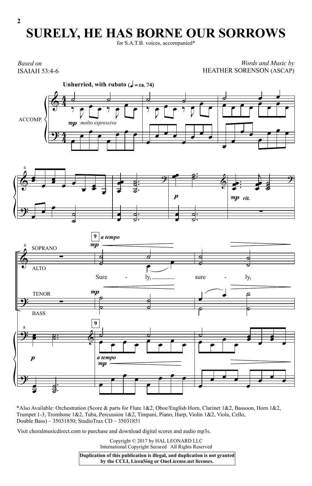 Heather Sorenson Surely, He Has Borne Our Sorrows sheet music, chords, lyrics - Printable PDF for SATB