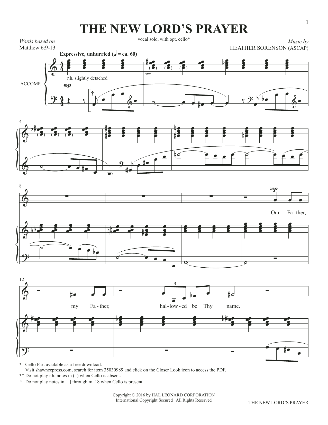 Heather Sorenson The New Lord's Prayer (from The Prayer Project) sheet music, chords, lyrics - Printable PDF for Piano & Vocal