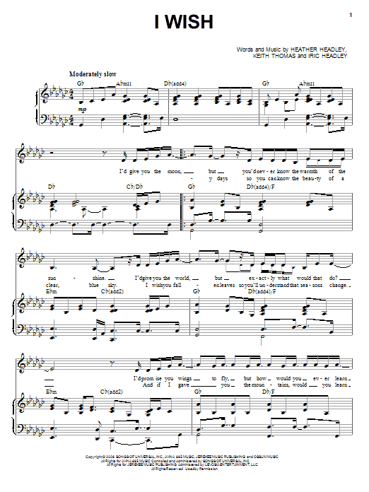Learn to play Heather Headley I Wish sheet music for Piano, Vocal & Guitar (Right-Hand Melody) in minutes. Heather Headley I Wish sheet music preview music notes and score for Piano, Vocal & Guitar (Right-Hand Melody) including 6 page(s)