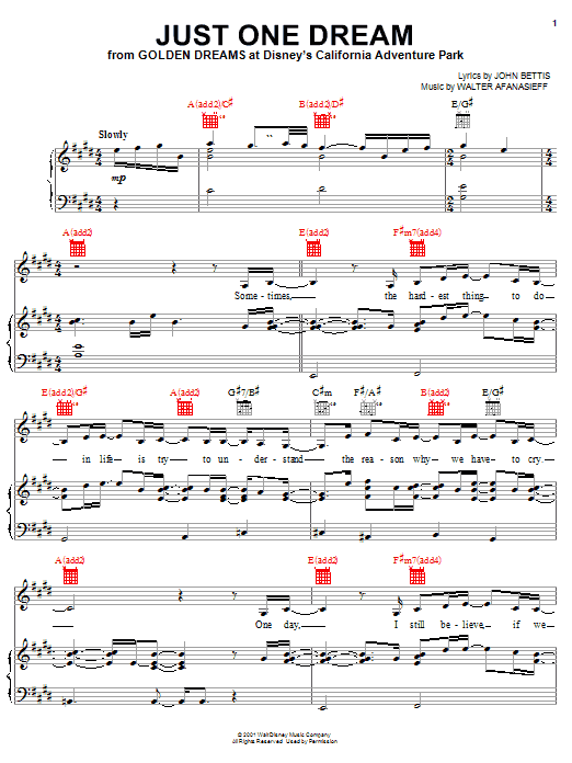 Learn to play Heather Headley Just One Dream (from Golden Dreams at Disney's California Adventure Park) sheet music for Piano, Vocal & Guitar (Right-Hand Melody) in minutes. Heather Headley Just One Dream (from Golden Dreams at Disney's California Adventure Park) sheet music preview music notes and score for Piano, Vocal & Guitar (Right-Hand Melody) including 7 page(s)