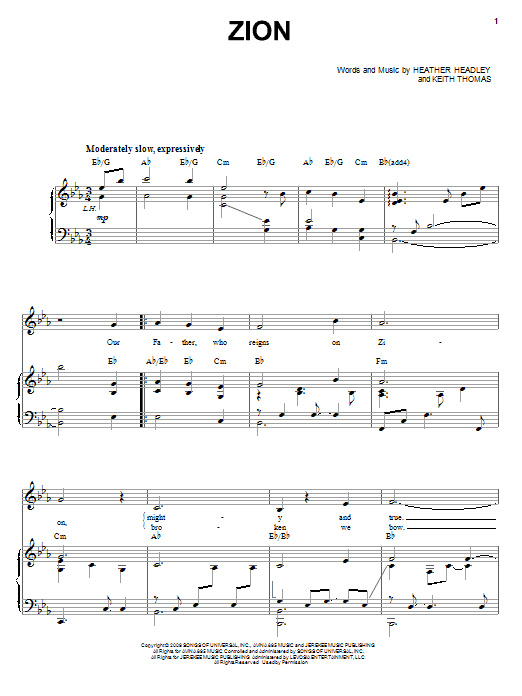 Learn to play Heather Headley Zion sheet music for Piano, Vocal & Guitar (Right-Hand Melody) in minutes. Heather Headley Zion sheet music preview music notes and score for Piano, Vocal & Guitar (Right-Hand Melody) including 5 page(s)