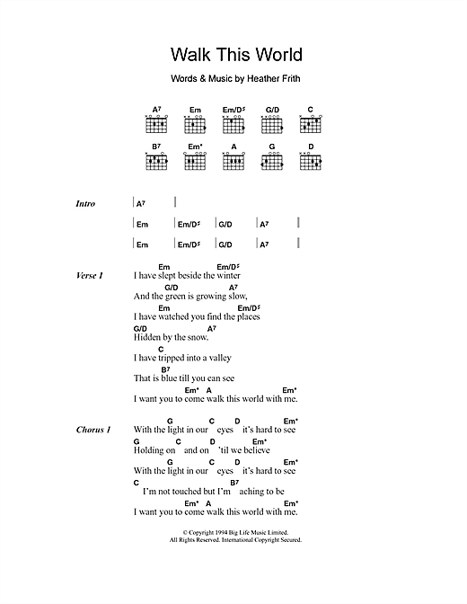 Learn to play Heather Nova Walk This World sheet music for Lyrics & Chords in minutes. Heather Nova Walk This World sheet music notes and chords