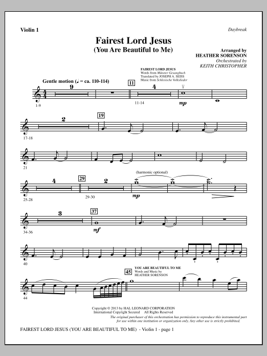 Heather Sorenson Fairest Lord Jesus You Are Beautiful To Me Violin 1 Sheet Music Download Pdf Score 321547