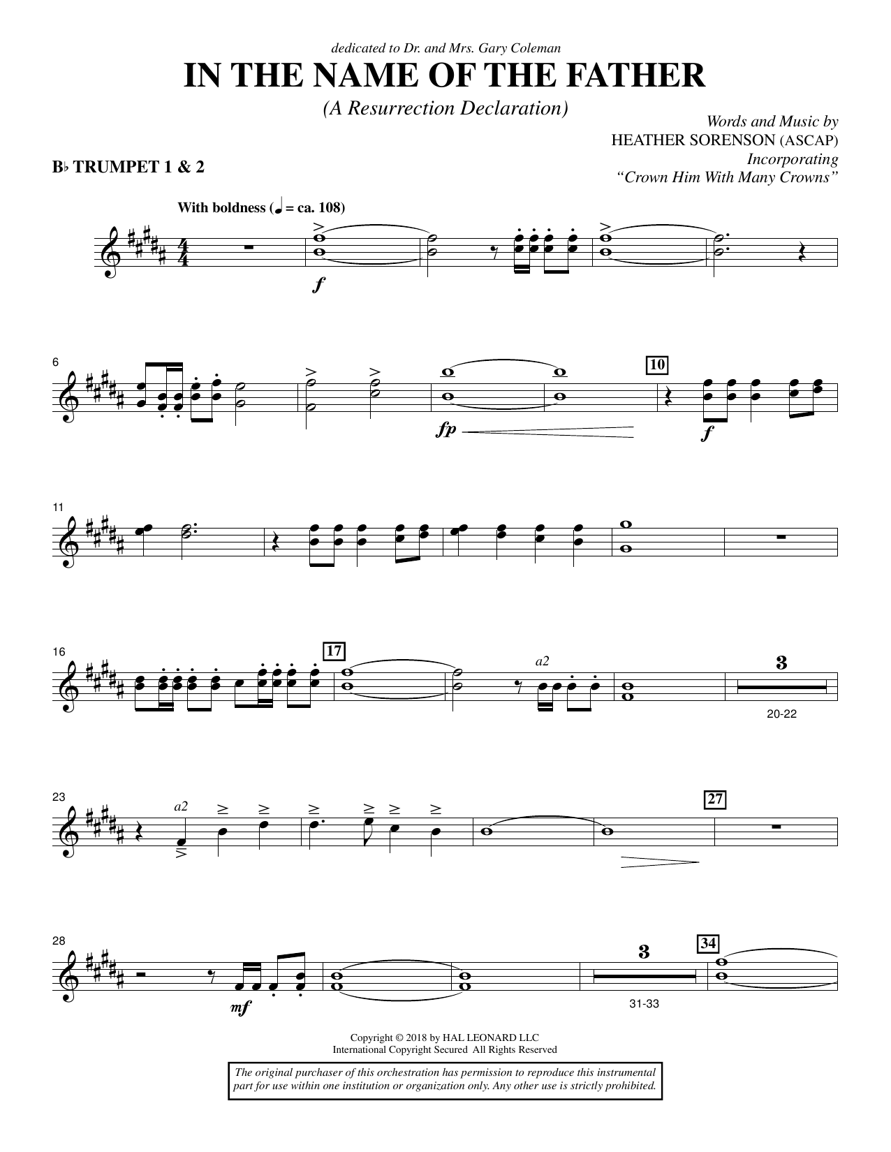 Learn to play Heather Sorenson In the Name of the Father (A Resurrection Declaration) - Bb Trumpet 1,2 sheet music for Choir Instrumental Pak in minutes. Heather Sorenson In the Name of the Father (A Resurrection Declaration) - Bb Trumpet 1,2 sheet music preview music notes and score for Choir Instrumental Pak including 3 page(s)