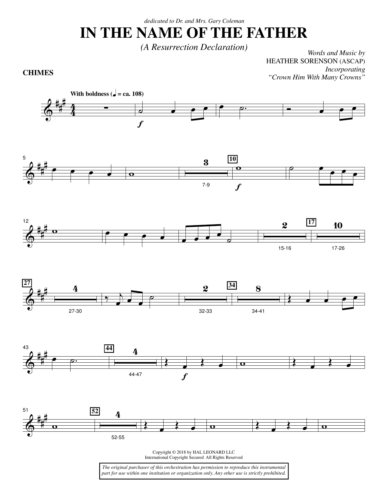 Learn to play Heather Sorenson In the Name of the Father (A Resurrection Declaration) - Chimes sheet music for Choir Instrumental Pak in minutes. Heather Sorenson In the Name of the Father (A Resurrection Declaration) - Chimes sheet music preview music notes and score for Choir Instrumental Pak including 2 page(s)