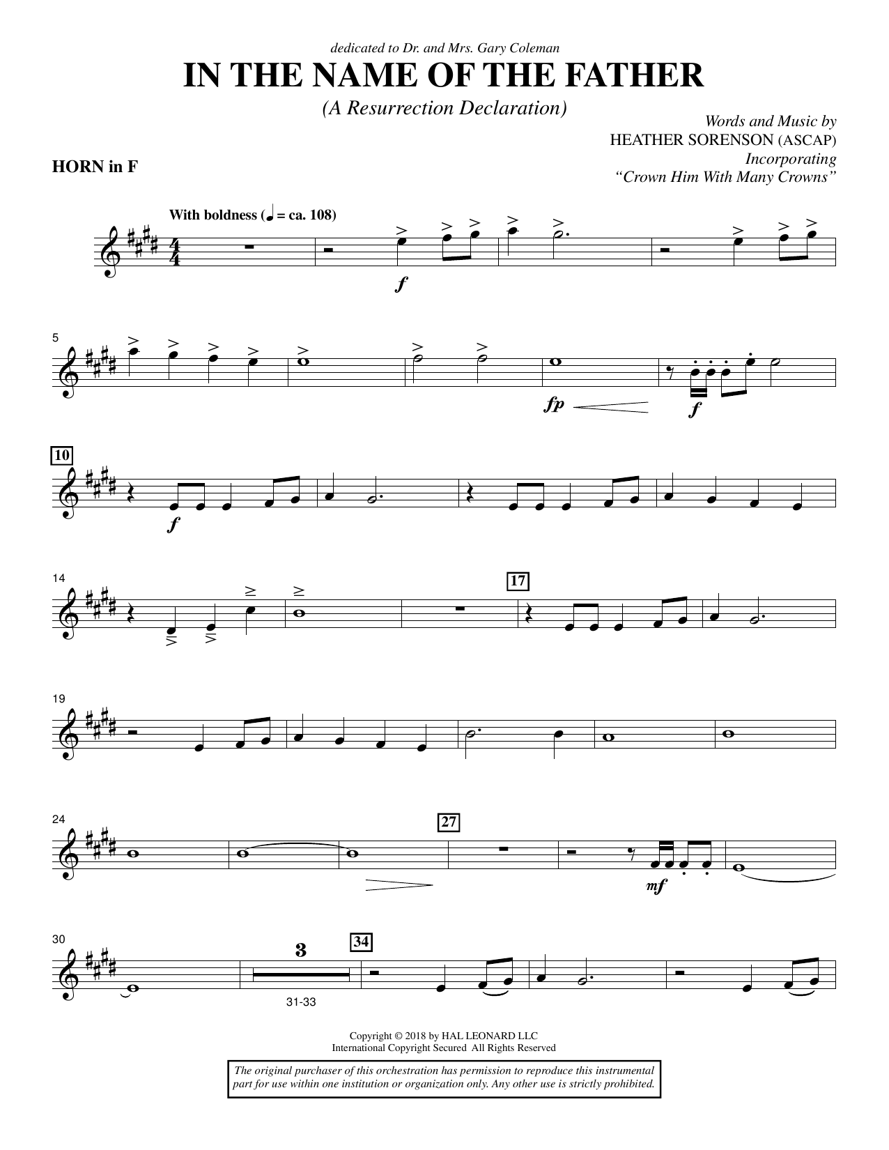 Learn to play Heather Sorenson In the Name of the Father (A Resurrection Declaration) - F Horn sheet music for Choir Instrumental Pak in minutes. Heather Sorenson In the Name of the Father (A Resurrection Declaration) - F Horn sheet music preview music notes and score for Choir Instrumental Pak including 3 page(s)