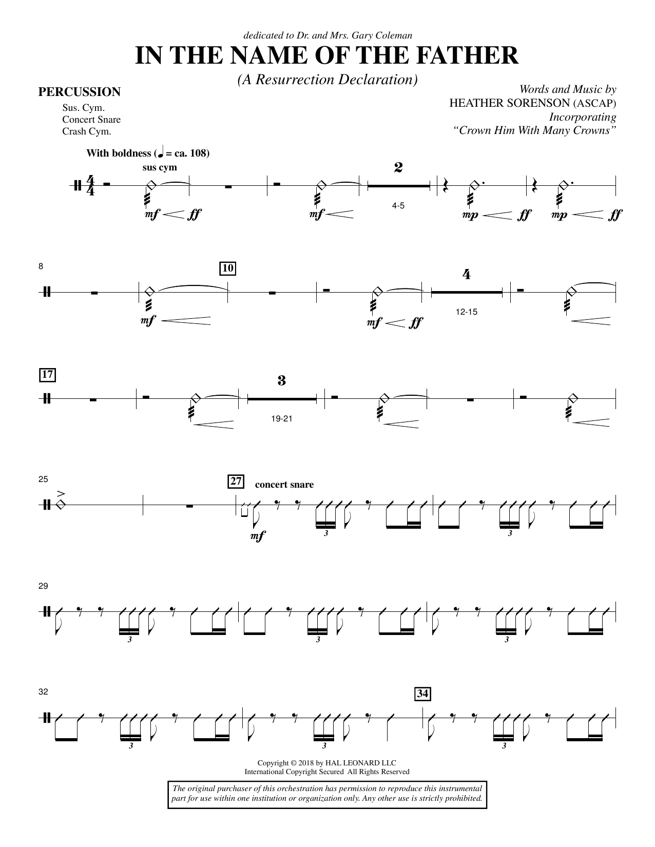 Learn to play Heather Sorenson In the Name of the Father (A Resurrection Declaration) - Percussion sheet music for Choir Instrumental Pak in minutes. Heather Sorenson In the Name of the Father (A Resurrection Declaration) - Percussion sheet music preview music notes and score for Choir Instrumental Pak including 3 page(s)
