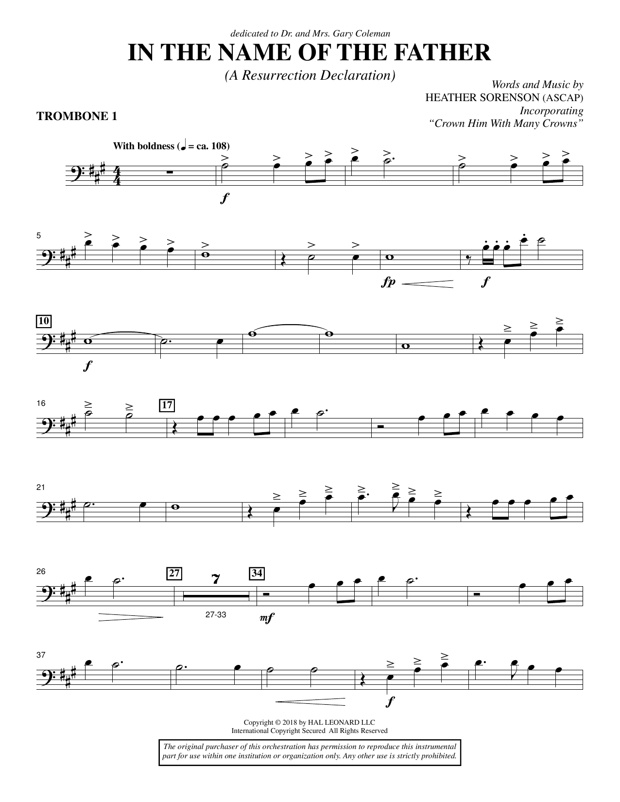 Learn to play Heather Sorenson In the Name of the Father (A Resurrection Declaration) - Trombone 1 sheet music for Choir Instrumental Pak in minutes. Heather Sorenson In the Name of the Father (A Resurrection Declaration) - Trombone 1 sheet music preview music notes and score for Choir Instrumental Pak including 3 page(s)