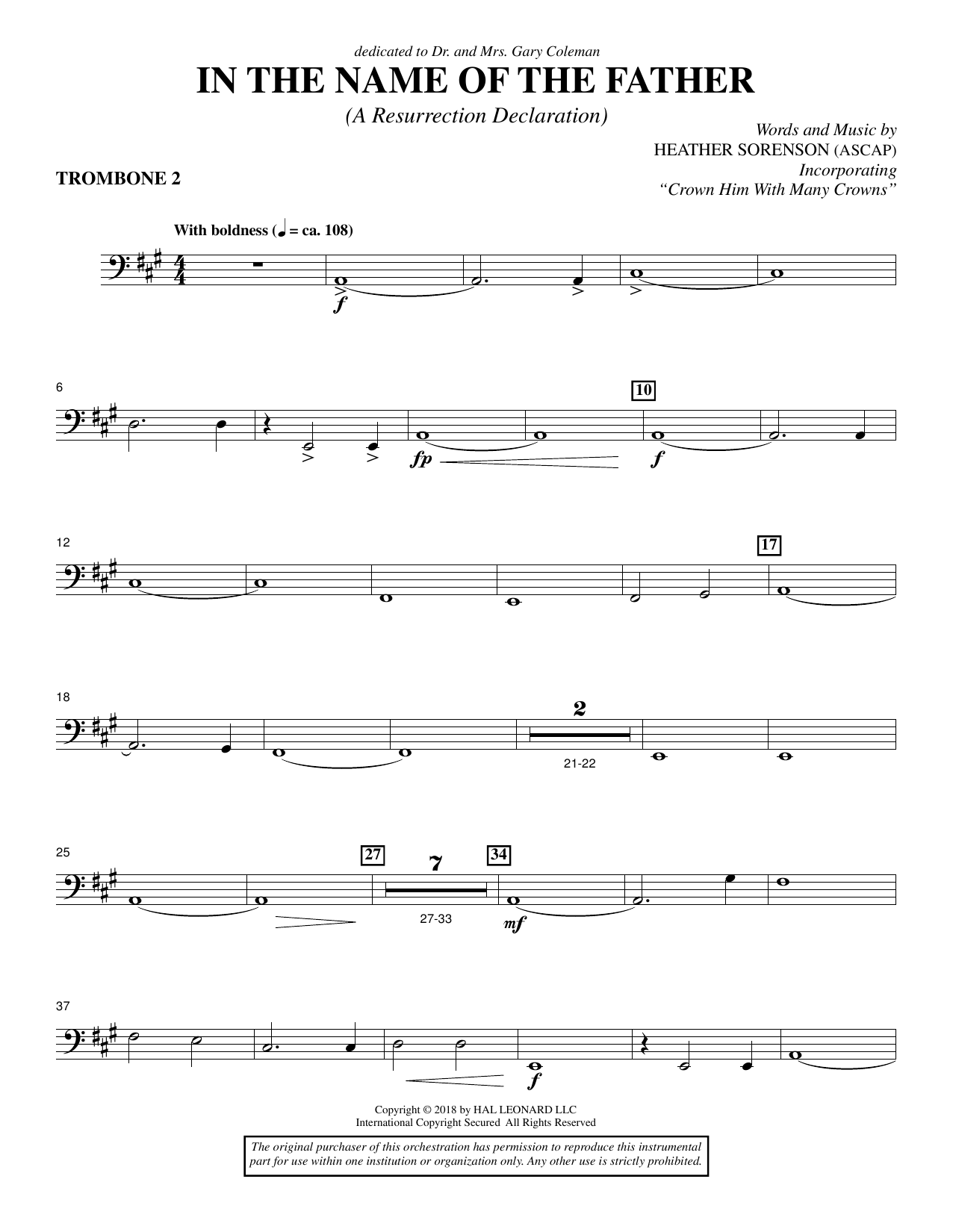Learn to play Heather Sorenson In the Name of the Father (A Resurrection Declaration) - Trombone 2 sheet music for Choir Instrumental Pak in minutes. Heather Sorenson In the Name of the Father (A Resurrection Declaration) - Trombone 2 sheet music preview music notes and score for Choir Instrumental Pak including 3 page(s)