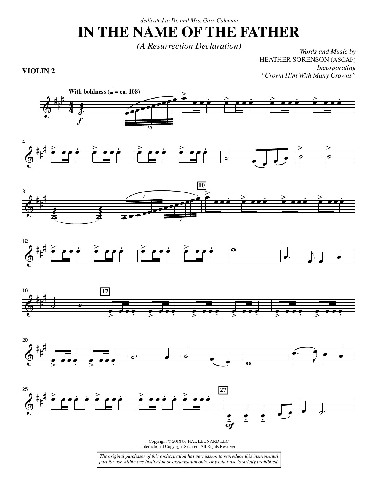 Learn to play Heather Sorenson In the Name of the Father (A Resurrection Declaration) - Violin 2 sheet music for Choir Instrumental Pak in minutes. Heather Sorenson In the Name of the Father (A Resurrection Declaration) - Violin 2 sheet music preview music notes and score for Choir Instrumental Pak including 4 page(s)