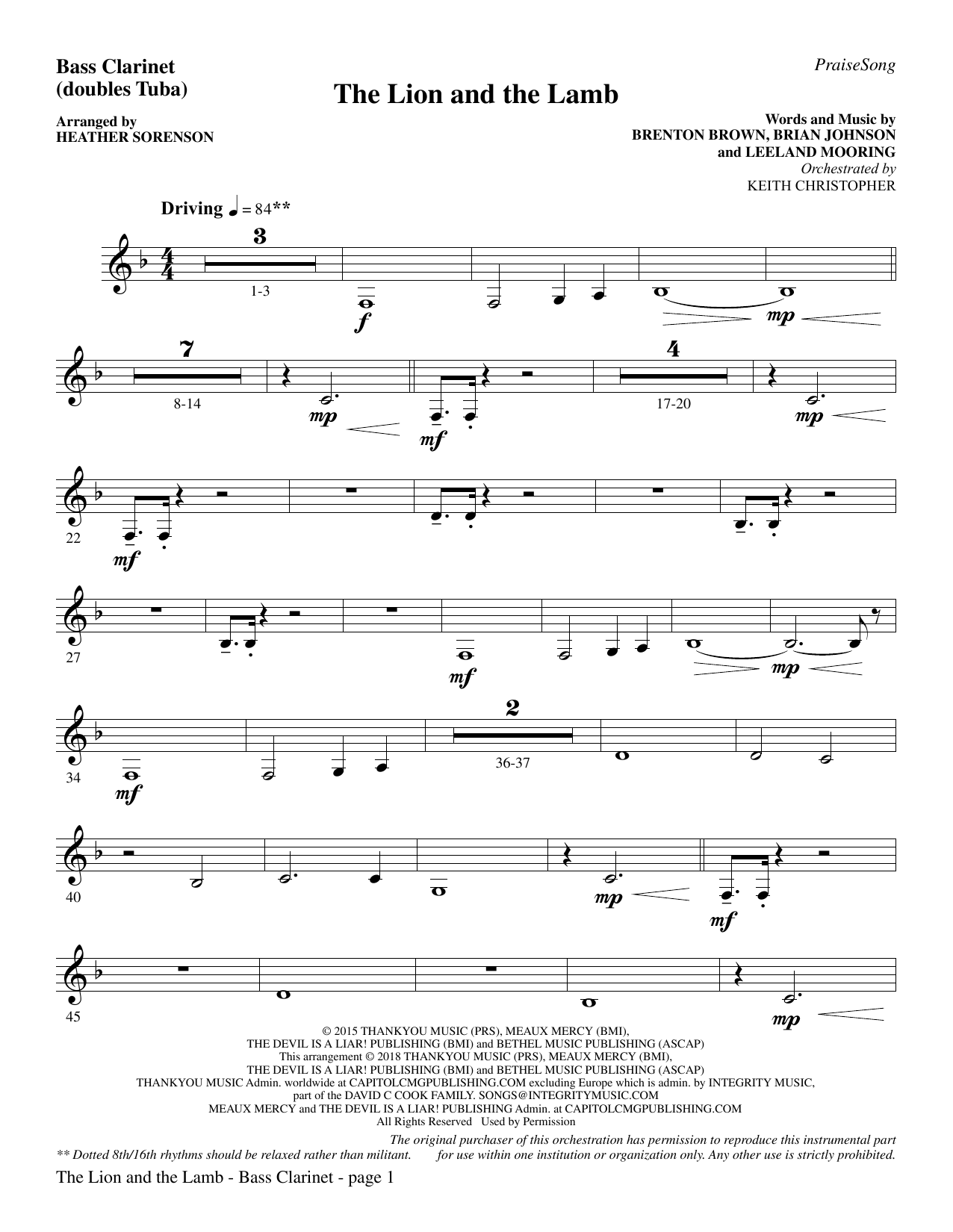 Learn to play Heather Sorenson The Lion and the Lamb (with All Hail the Power of Jesus' Name) - Bass Clarinet (sub. Tuba) sheet music for Choir Instrumental Pak in minutes. Heather Sorenson The Lion and the Lamb (with All Hail the Power of Jesus' Name) - Bass Clarinet (sub. Tuba) sheet music preview music notes and score for Choir Instrumental Pak including 3 page(s)
