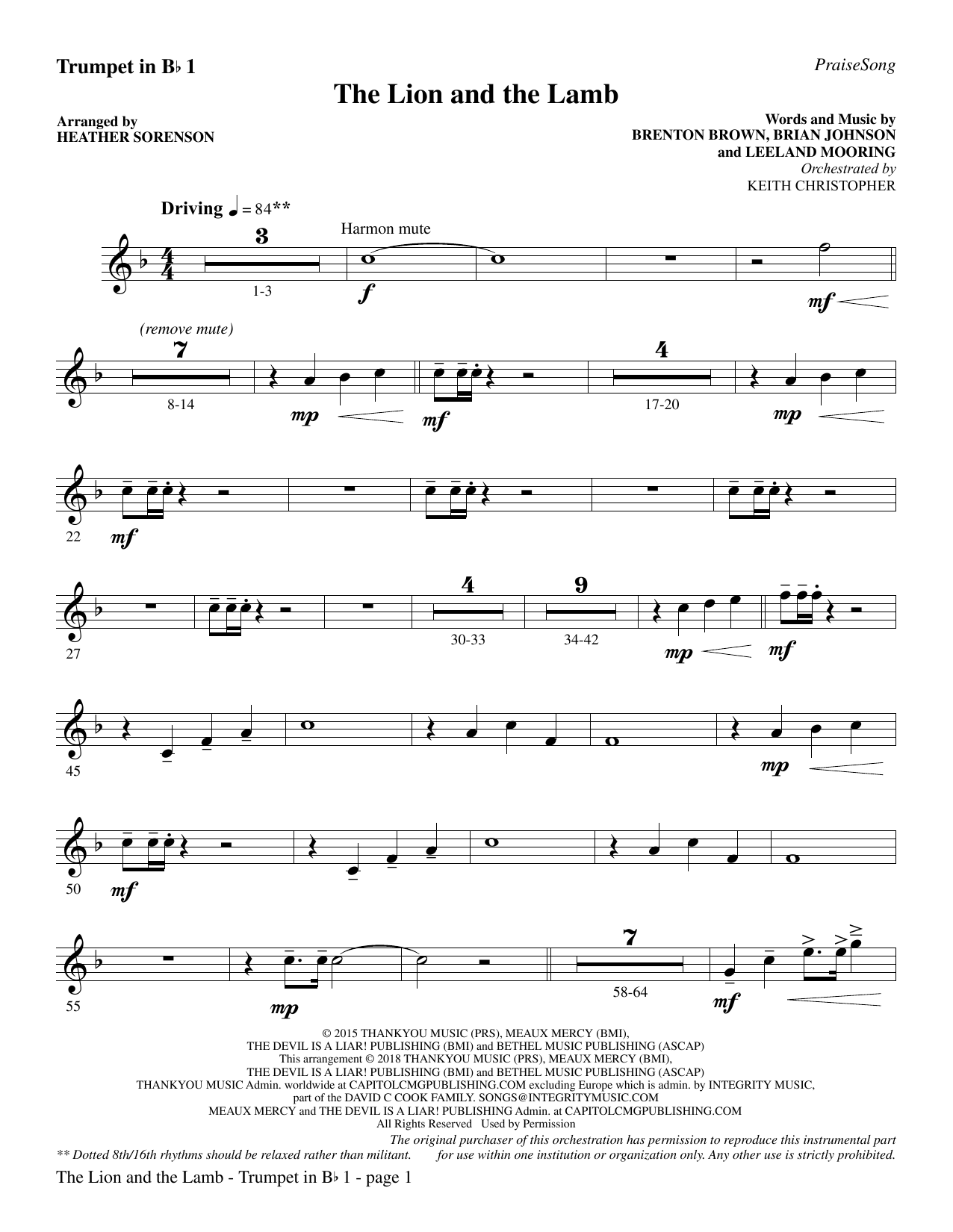 Learn to play Heather Sorenson The Lion and the Lamb (with All Hail the Power of Jesus' Name) - Bb Trumpet 1 sheet music for Choir Instrumental Pak in minutes. Heather Sorenson The Lion and the Lamb (with All Hail the Power of Jesus' Name) - Bb Trumpet 1 sheet music preview music notes and score for Choir Instrumental Pak including 3 page(s)