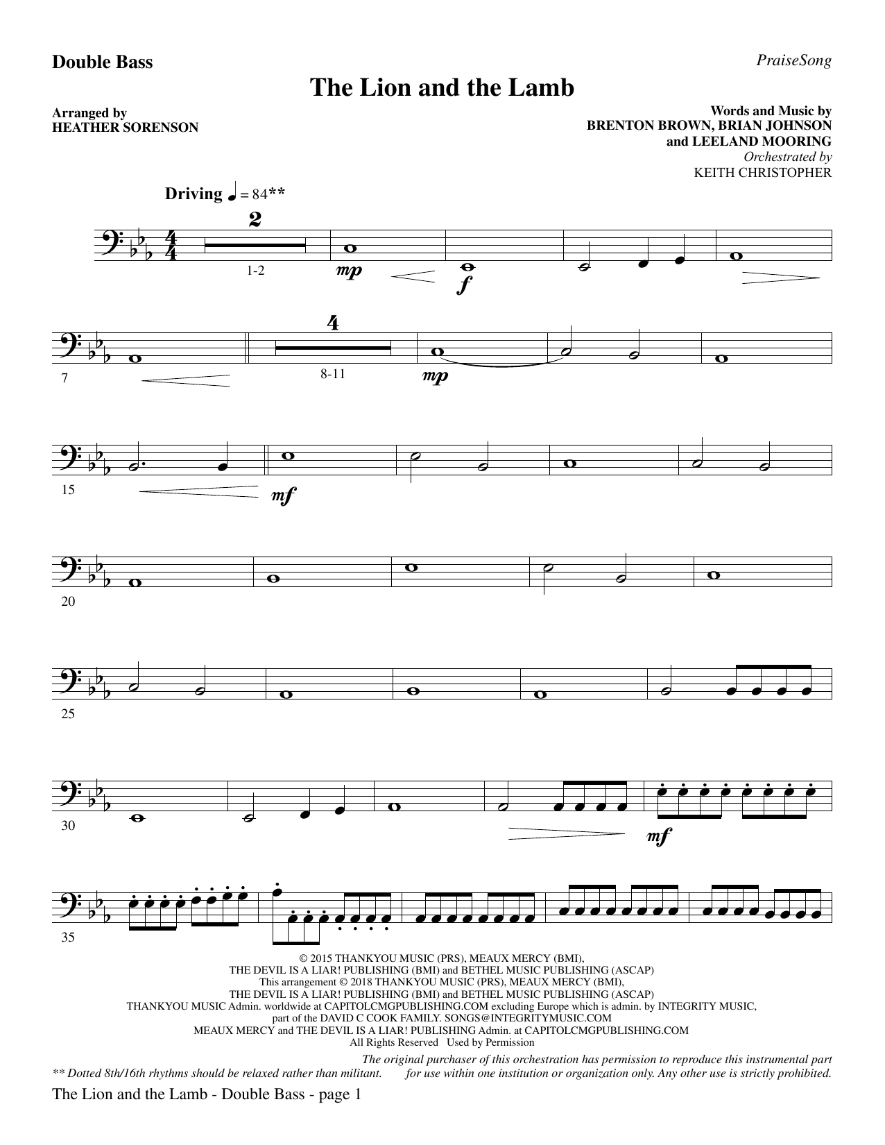 Learn to play Heather Sorenson The Lion and the Lamb (with All Hail the Power of Jesus' Name) - Double Bass sheet music for Choir Instrumental Pak in minutes. Heather Sorenson The Lion and the Lamb (with All Hail the Power of Jesus' Name) - Double Bass sheet music preview music notes and score for Choir Instrumental Pak including 4 page(s)
