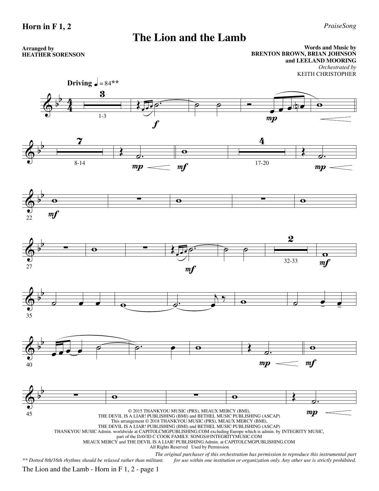 Learn to play Heather Sorenson The Lion and the Lamb (with All Hail the Power of Jesus' Name) - F Horn 1 & 2 sheet music for Choir Instrumental Pak in minutes. Heather Sorenson The Lion and the Lamb (with All Hail the Power of Jesus' Name) - F Horn 1 & 2 sheet music preview music notes and score for Choir Instrumental Pak including 3 page(s)