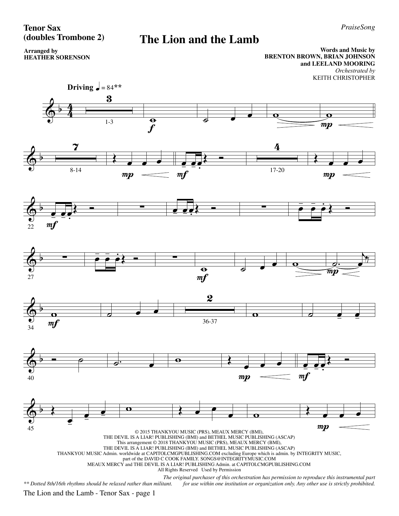 Learn to play Heather Sorenson The Lion and the Lamb (with All Hail the Power of Jesus' Name) - Tenor Sax (sub. Tbn 2) sheet music for Choir Instrumental Pak in minutes. Heather Sorenson The Lion and the Lamb (with All Hail the Power of Jesus' Name) - Tenor Sax (sub. Tbn 2) sheet music preview music notes and score for Choir Instrumental Pak including 3 page(s)