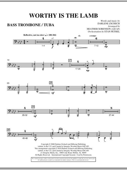 Learn to play Heather Sorenson Worthy Is The Lamb - Bass Trombone/Tuba sheet music for Choir Instrumental Pak in minutes. Heather Sorenson Worthy Is The Lamb - Bass Trombone/Tuba sheet music preview music notes and score for Choir Instrumental Pak including 2 page(s)