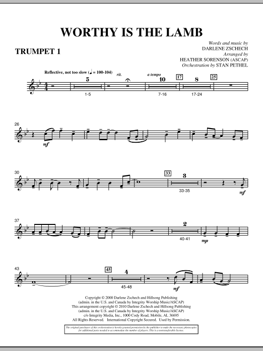 Learn to play Heather Sorenson Worthy Is The Lamb - Bb Trumpet 1 sheet music for Choir Instrumental Pak in minutes. Heather Sorenson Worthy Is The Lamb - Bb Trumpet 1 sheet music preview music notes and score for Choir Instrumental Pak including 2 page(s)