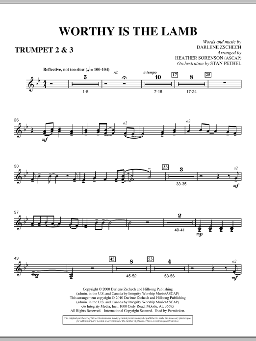 Learn to play Heather Sorenson Worthy Is The Lamb - Bb Trumpet 2,3 sheet music for Choir Instrumental Pak in minutes. Heather Sorenson Worthy Is The Lamb - Bb Trumpet 2,3 sheet music preview music notes and score for Choir Instrumental Pak including 2 page(s)