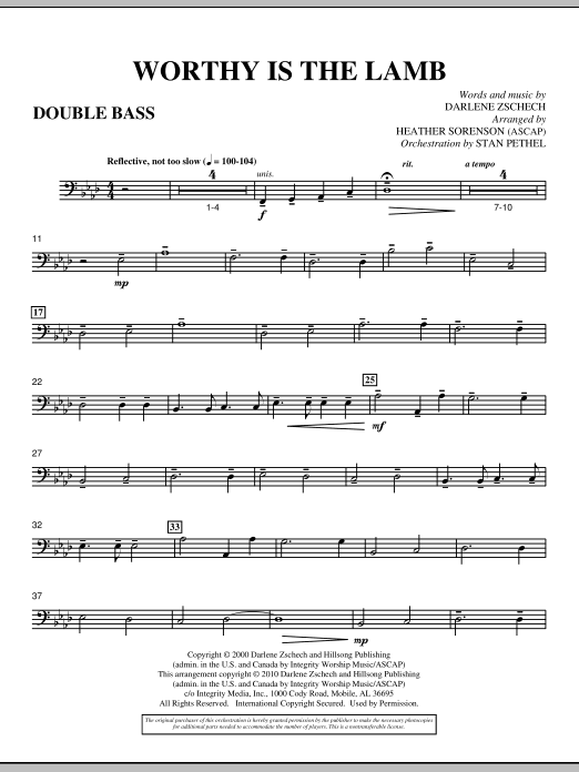 Learn to play Heather Sorenson Worthy Is The Lamb - Double Bass sheet music for Choir Instrumental Pak in minutes. Heather Sorenson Worthy Is The Lamb - Double Bass sheet music preview music notes and score for Choir Instrumental Pak including 2 page(s)