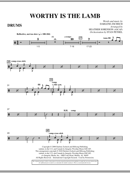 Learn to play Heather Sorenson Worthy Is The Lamb - Drum Set sheet music for Choir Instrumental Pak in minutes. Heather Sorenson Worthy Is The Lamb - Drum Set sheet music preview music notes and score for Choir Instrumental Pak including 2 page(s)
