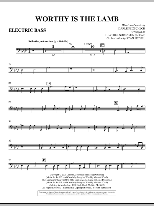 Learn to play Heather Sorenson Worthy Is The Lamb - Electric Bass sheet music for Choir Instrumental Pak in minutes. Heather Sorenson Worthy Is The Lamb - Electric Bass sheet music preview music notes and score for Choir Instrumental Pak including 2 page(s)