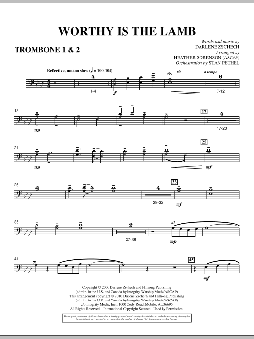 Learn to play Heather Sorenson Worthy Is The Lamb - Trombone 1 & 2 sheet music for Choir Instrumental Pak in minutes. Heather Sorenson Worthy Is The Lamb - Trombone 1 & 2 sheet music preview music notes and score for Choir Instrumental Pak including 2 page(s)
