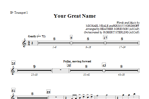 Learn to play Heather Sorenson Your Great Name - Bb Trumpet 1 sheet music for Choir Instrumental Pak in minutes. Heather Sorenson Your Great Name - Bb Trumpet 1 sheet music preview music notes and score for Choir Instrumental Pak including 1 page(s)