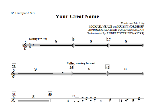 Learn to play Heather Sorenson Your Great Name - Bb Trumpet 2,3 sheet music for Choir Instrumental Pak in minutes. Heather Sorenson Your Great Name - Bb Trumpet 2,3 sheet music preview music notes and score for Choir Instrumental Pak including 1 page(s)