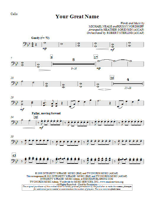 Learn to play Heather Sorenson Your Great Name - Cello sheet music for Choir Instrumental Pak in minutes. Heather Sorenson Your Great Name - Cello sheet music preview music notes and score for Choir Instrumental Pak including 2 page(s)