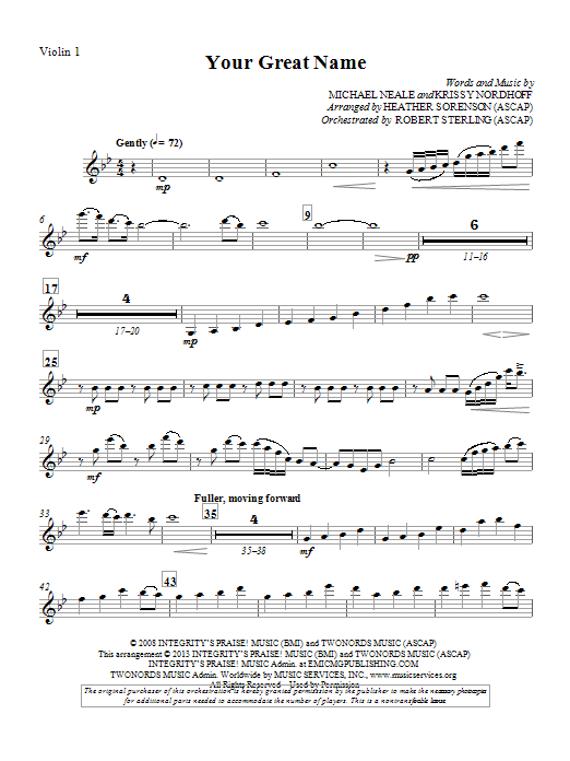 Learn to play Heather Sorenson Your Great Name - Violin 1 sheet music for Choir Instrumental Pak in minutes. Heather Sorenson Your Great Name - Violin 1 sheet music preview music notes and score for Choir Instrumental Pak including 2 page(s)