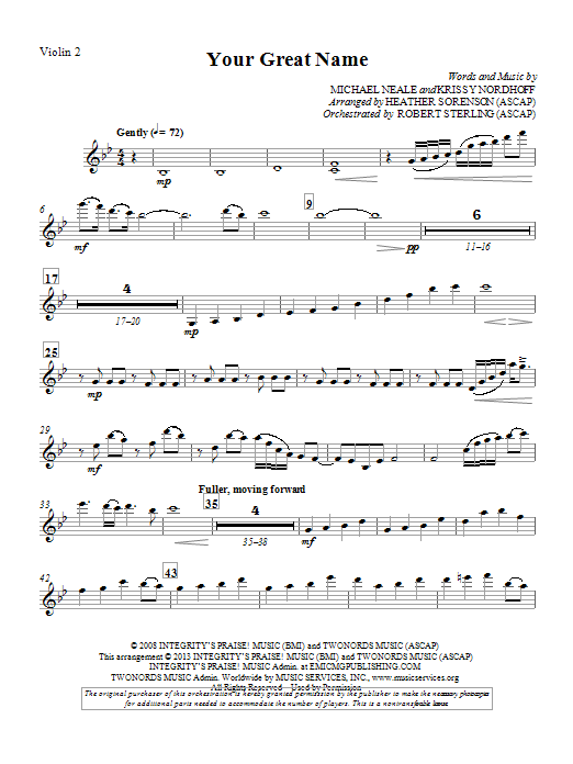Learn to play Heather Sorenson Your Great Name - Violin 2 sheet music for Choir Instrumental Pak in minutes. Heather Sorenson Your Great Name - Violin 2 sheet music preview music notes and score for Choir Instrumental Pak including 2 page(s)