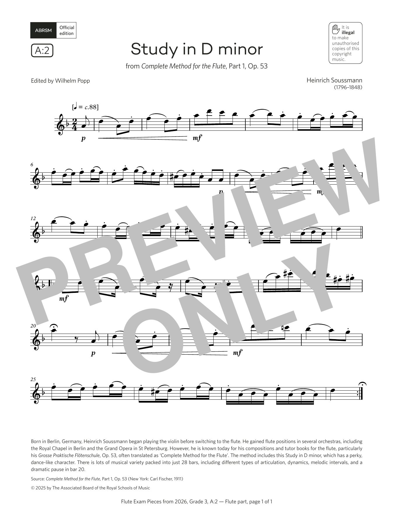 Heinrich Soussmann Study in D minor (Grade 3, list A2, from the ABRSM Flute Syllabus from 2026) sheet music, chords, lyrics - Printable PDF for Flute Solo
