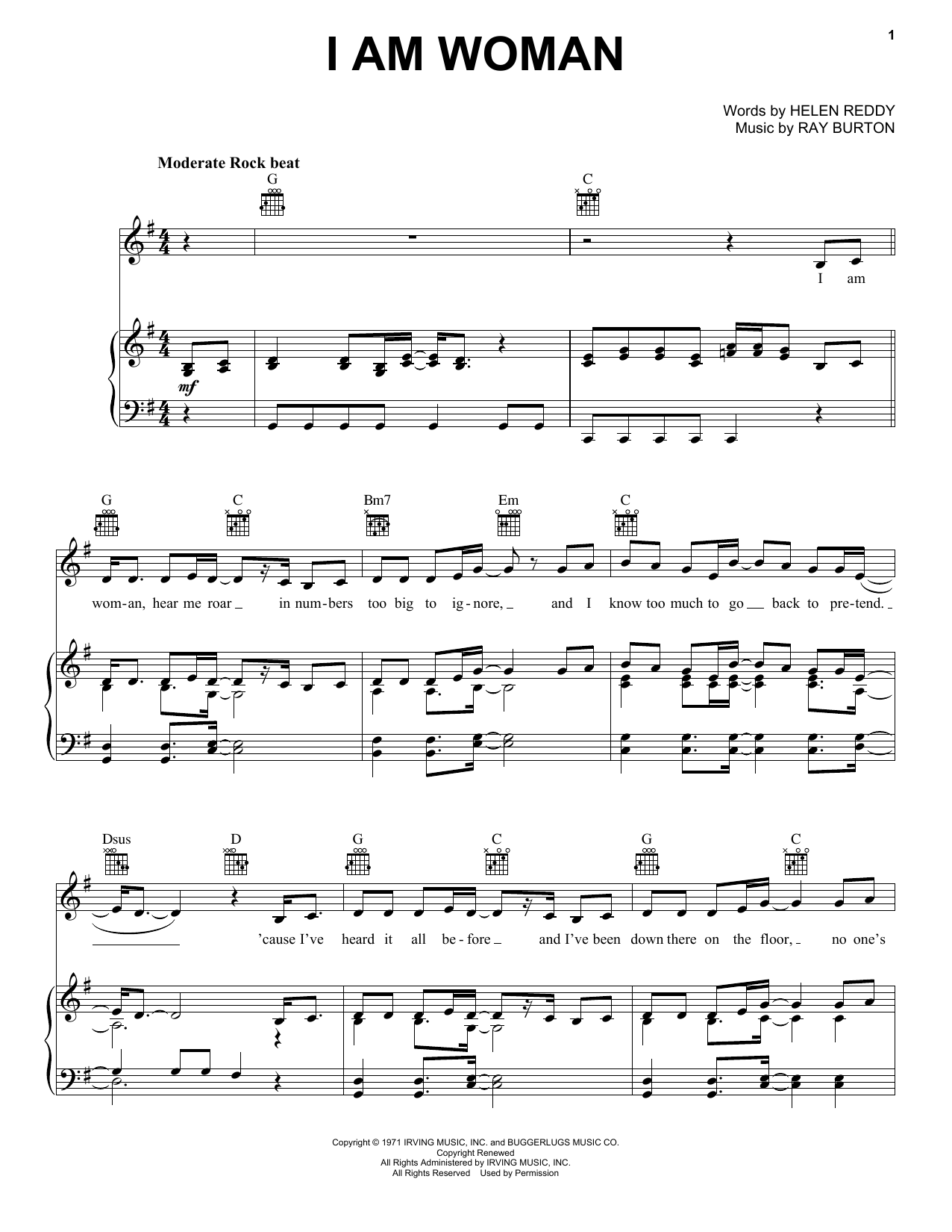 Learn to play Helen Reddy I Am Woman sheet music for Piano, Vocal & Guitar (Right-Hand Melody) in minutes. Helen Reddy I Am Woman sheet music notes and chords