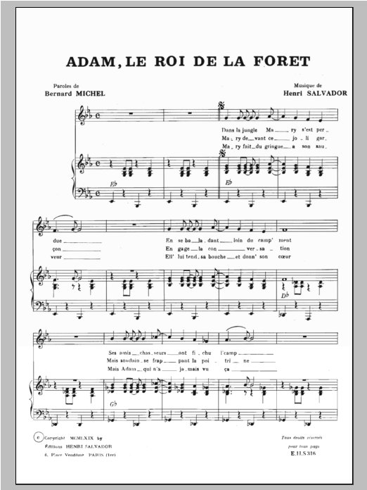 Henri Salvador Adam Roi De La Foret sheet music, chords, lyrics - Printable PDF for Piano & Vocal