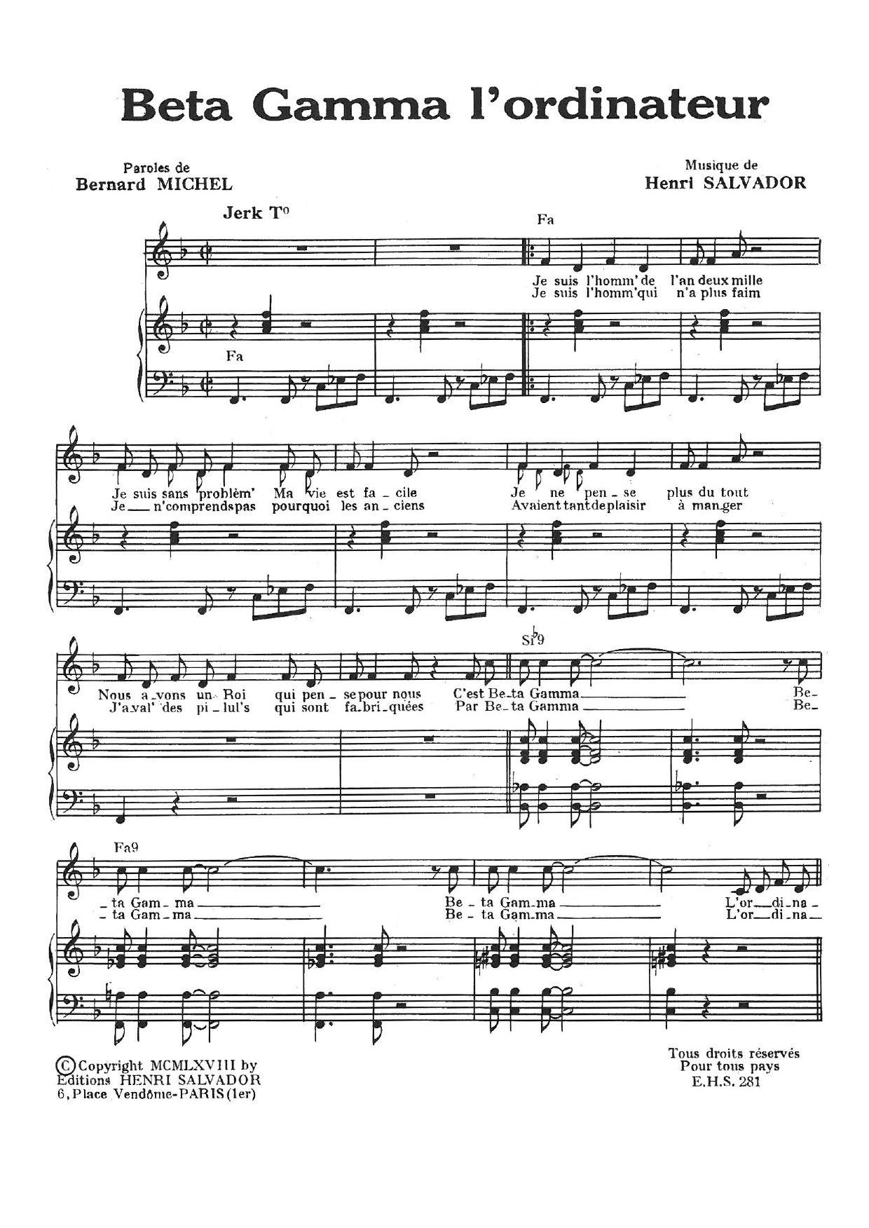 Henri Salvador Beta Gamma L'Ordinateur sheet music, chords, lyrics - Printable PDF for Piano & Vocal