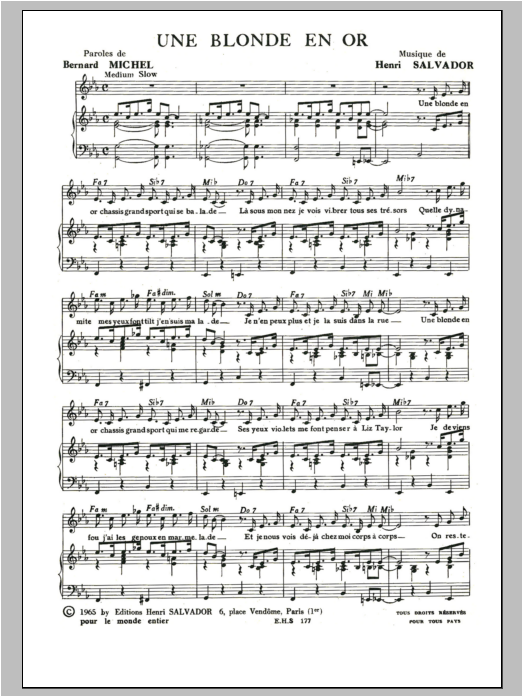 Henri Salvador Blonde En Or sheet music, chords, lyrics - Printable PDF for Piano & Vocal