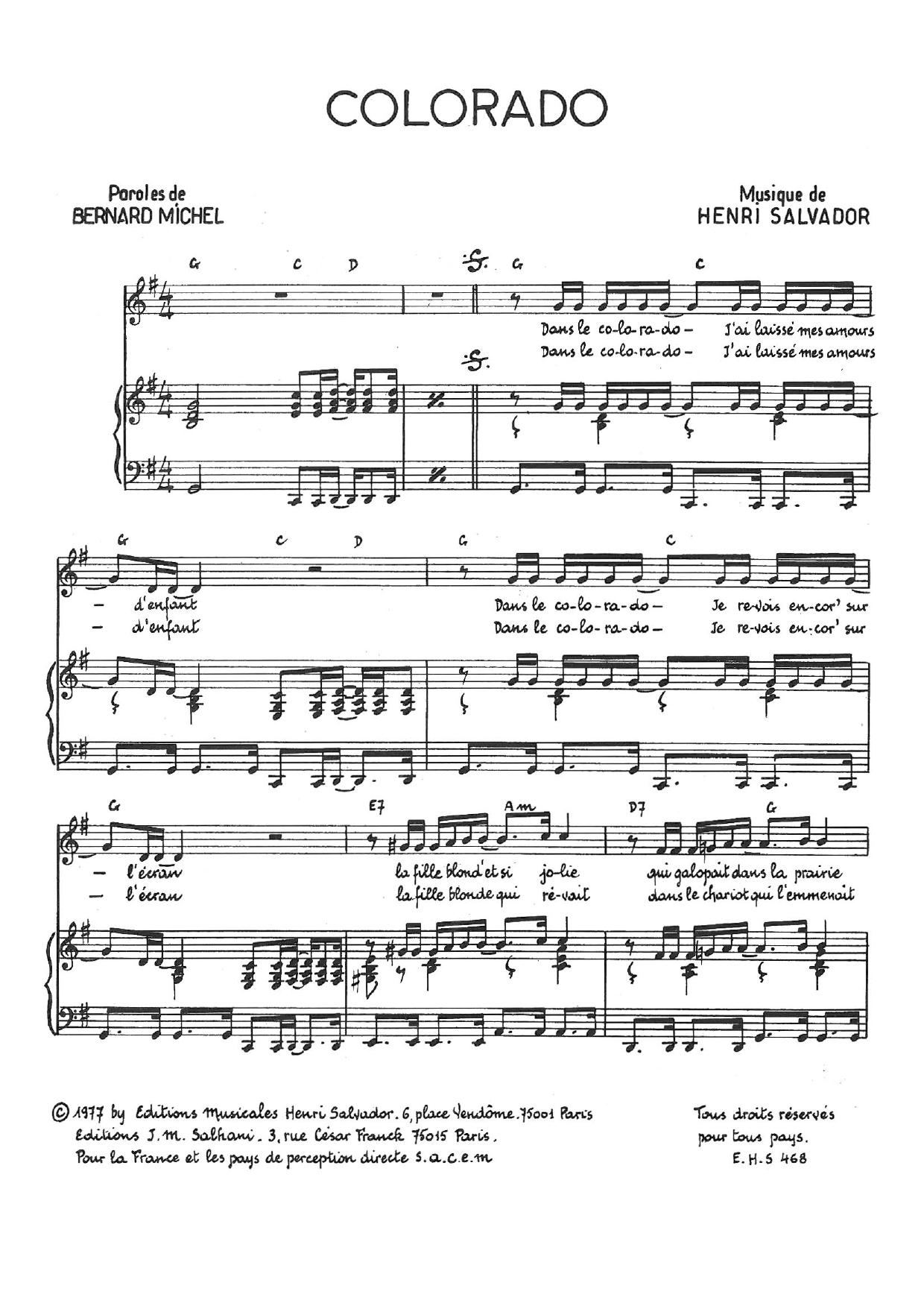 Henri Salvador Colorado sheet music, chords, lyrics - Printable PDF for Piano & Vocal