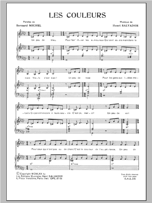 Henri Salvador Couleurs sheet music, chords, lyrics - Printable PDF for Piano & Vocal