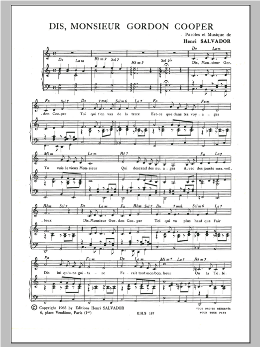 Henri Salvador Dis Monsieur Gordon Cooper sheet music, chords, lyrics - Printable PDF for Piano & Vocal