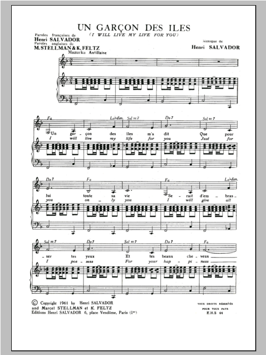 Henri Salvador Garcon Des Iles (Adapt De I Will Live My Life For You) sheet music, chords, lyrics - Printable PDF for Piano & Vocal
